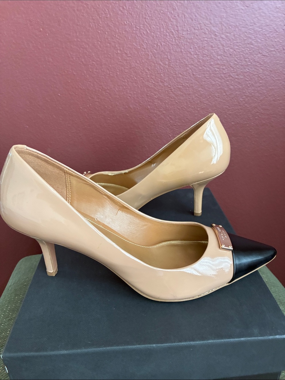 Coach Two-Tone Nude and Black Patent Pointed Toe Pumps - Picture 3 of 10